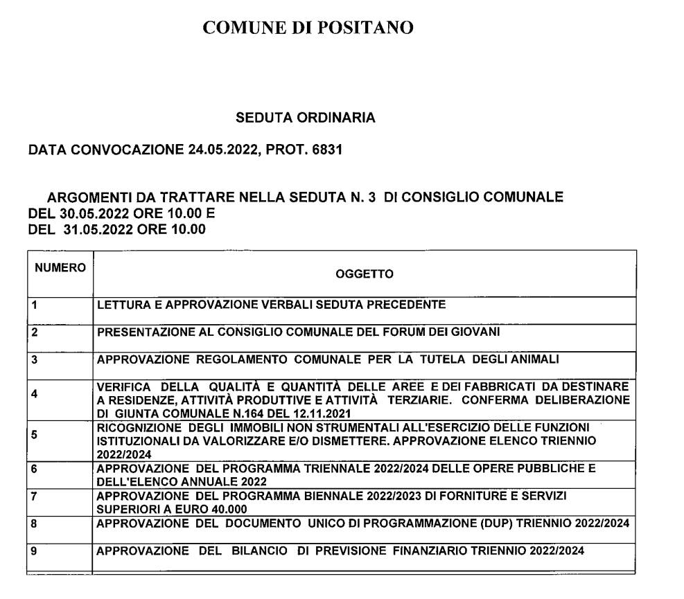 Positano, convocato il Consiglio Comunale per lunedì 30 maggio. Ecco i punti all'ordine del giorno