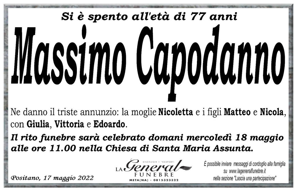 Positano: domani i funerali di Massimo Capodanno