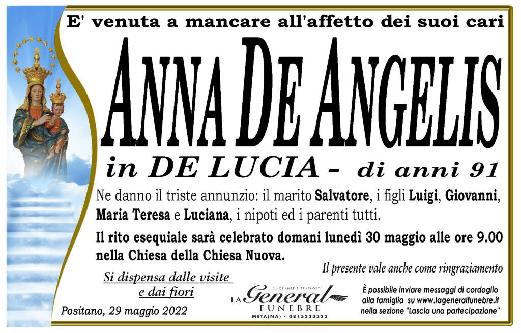 Positano, è venuta a mancare Anna De Angelis, in De Lucia