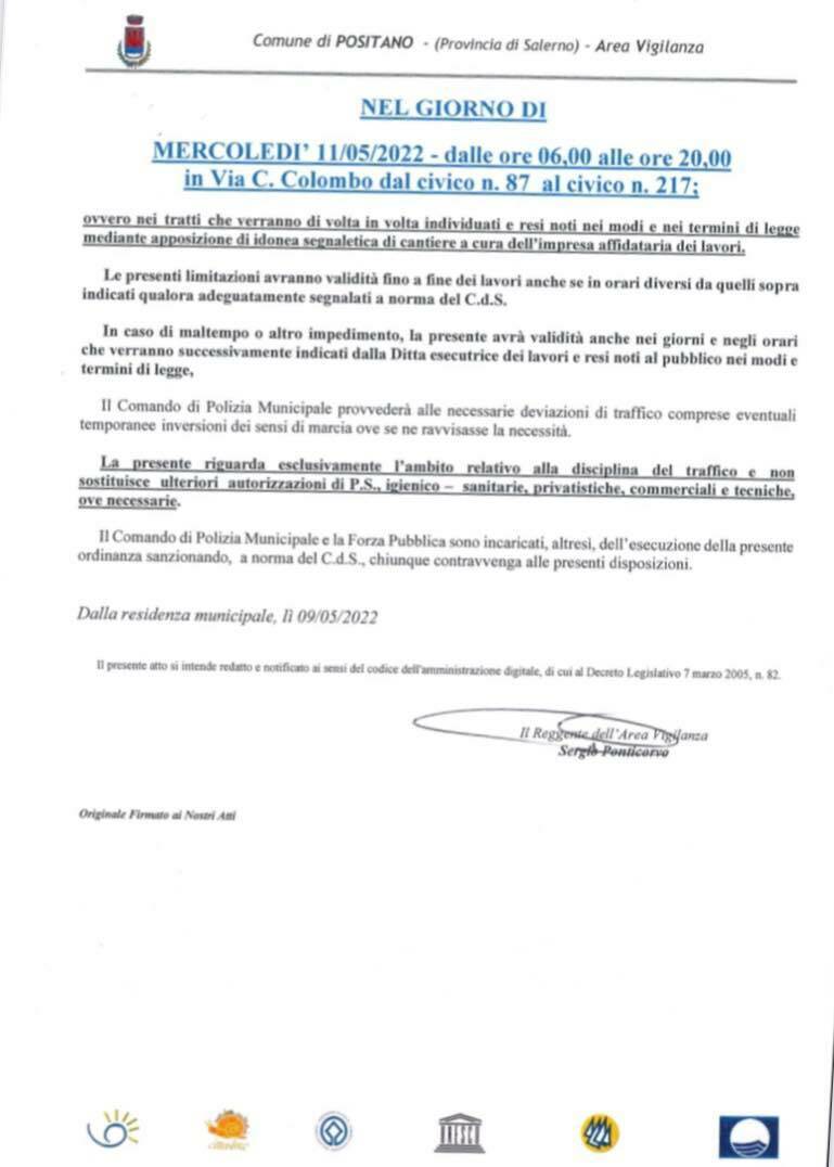 Positano: mercoledì 11 maggio rifacimento della segnaletica orizzontale in via Colombo