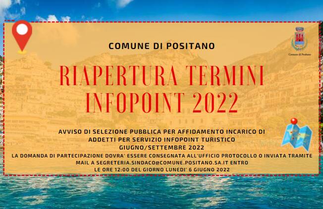 Positano, riapertura dei termini per partecipare al servizio Infopoint turistico 2022