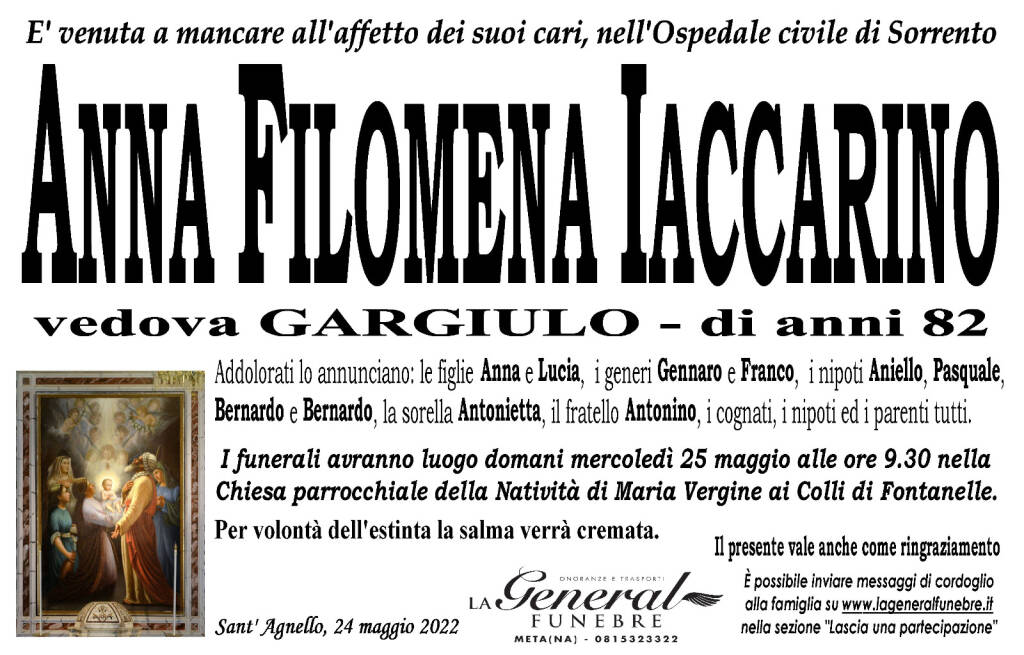 Sant'Agnello: è venuta a mancare all'affetto dei suoi cari Anna Filomena Iaccarino