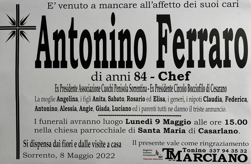 Sorrento, lutto per la scomparsa dello Chef 84enne Antonino Ferraro 