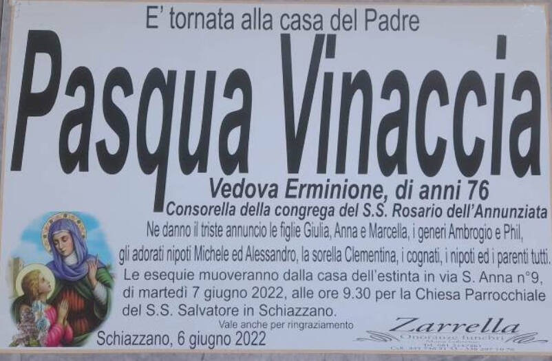 Massa Lubrense, la frazione di Schiazzano porge l'estremo saluto alla 76enne Pasqua Vinaccia