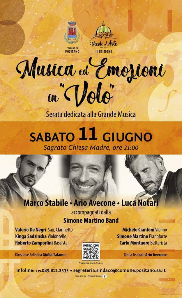 Positano, sabato 11 giugno "Musica ed emozioni in volo". Una serata dedicata alla grande musica