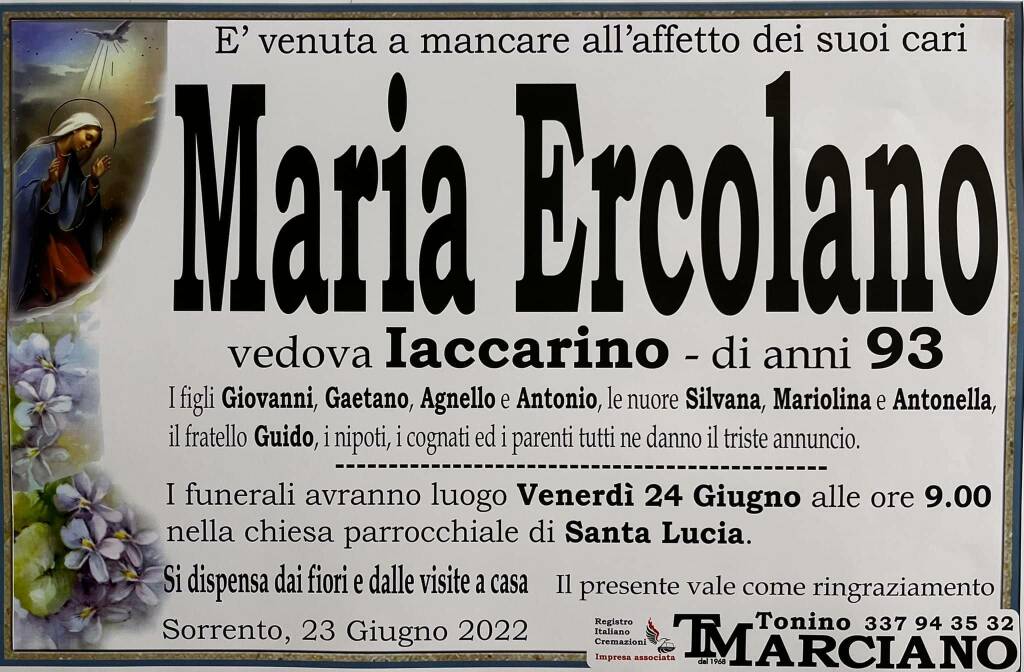 Sorrento piange la scomparsa della 93enne Maria Ercolano vedova Iaccarino