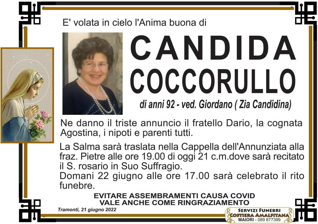 Tramonti piange la scomparsa della 92enne Candida Coccorullo (Zia Candidina)
