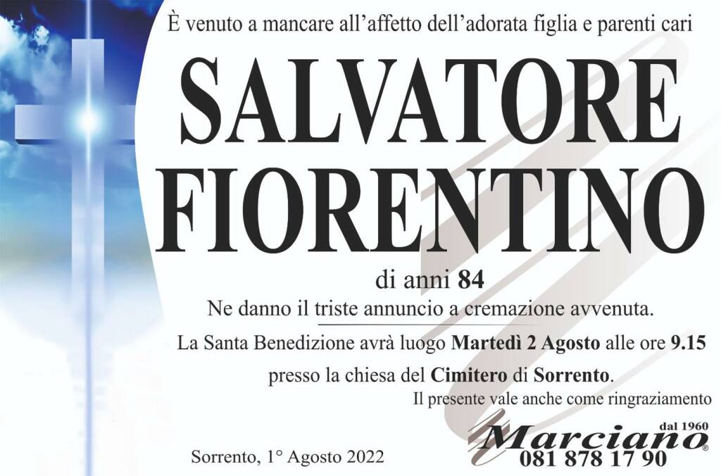 Sorrento in lutto per l'84enne Salvatore Fiorentino. Domani l'estremo saluto