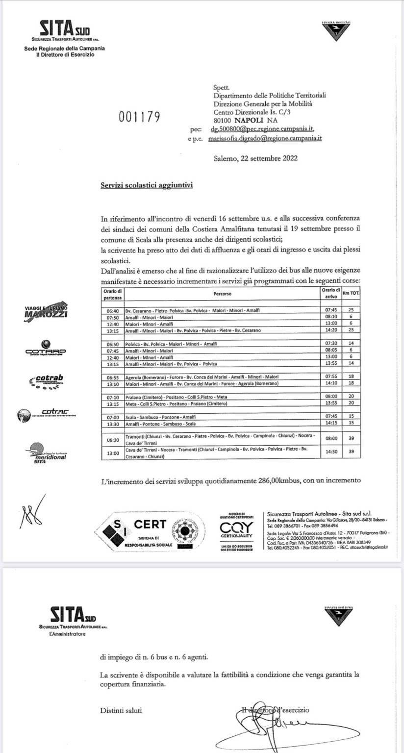 Trasporto scolastico in Costa d'Amalfi: dal 10 ottobre nuove corse per gli studenti