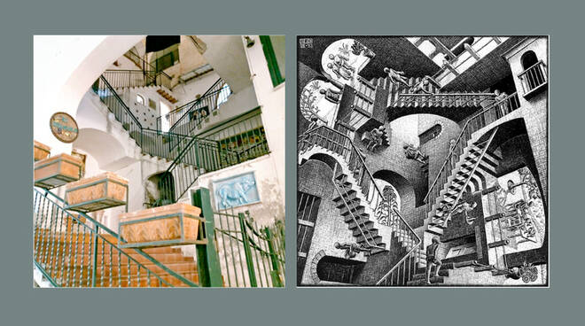 L’opera “Relatività” dell’artista olandese Maurits Cornelis Escher forse ispirata da un palazzo di Amalfi 