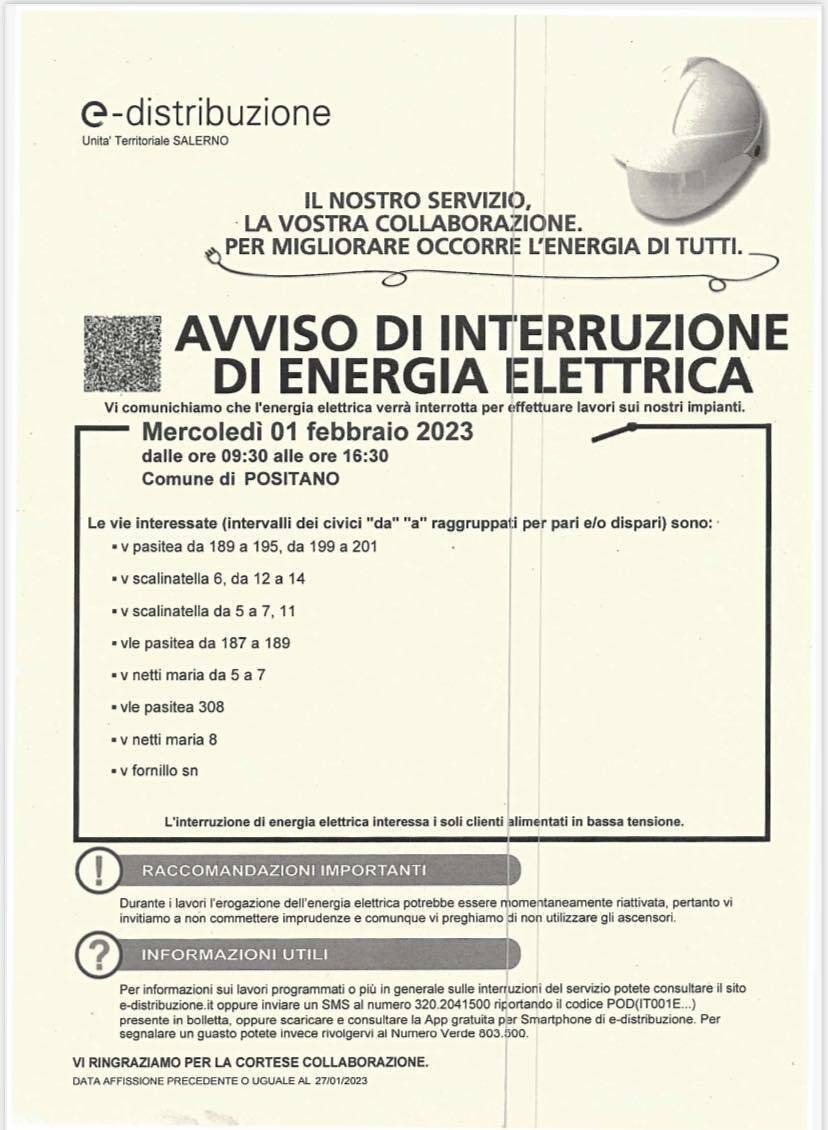 Positano, oggi e domani interruzione dell'energia elettrica: ecco le zone interessate