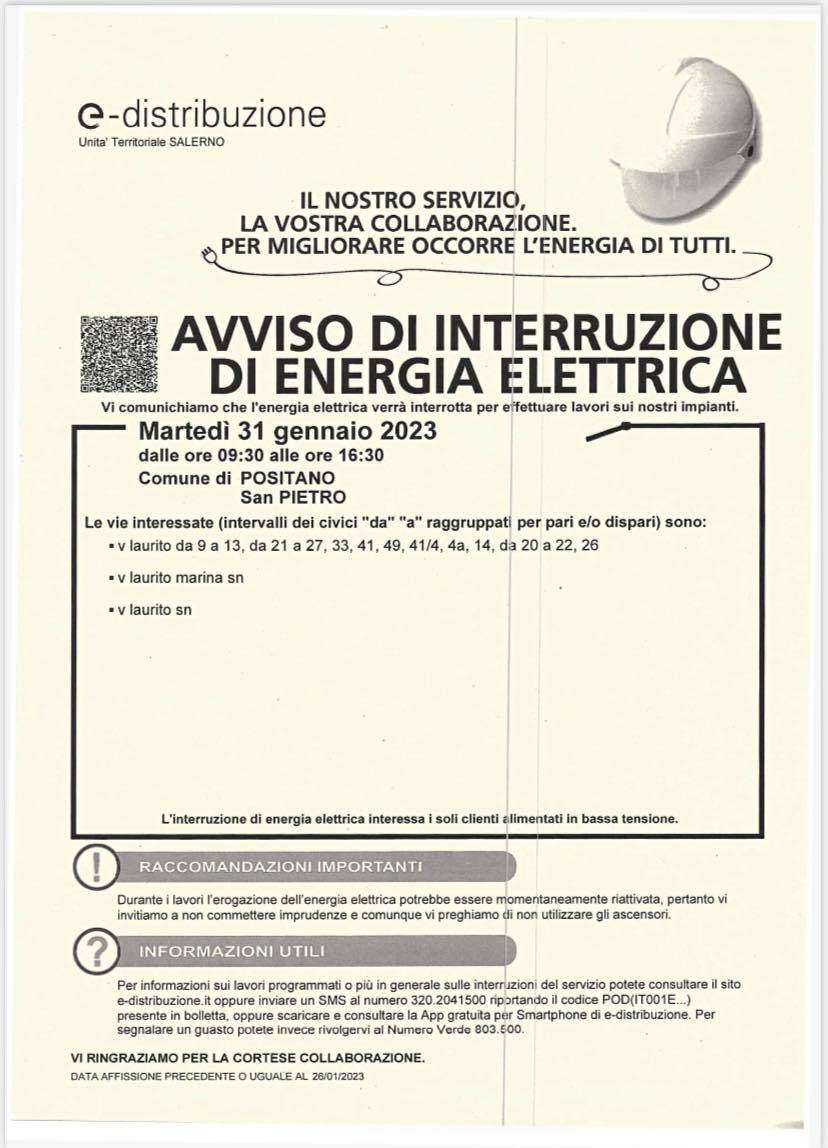 Positano, oggi e domani interruzione dell'energia elettrica: ecco le zone interessate