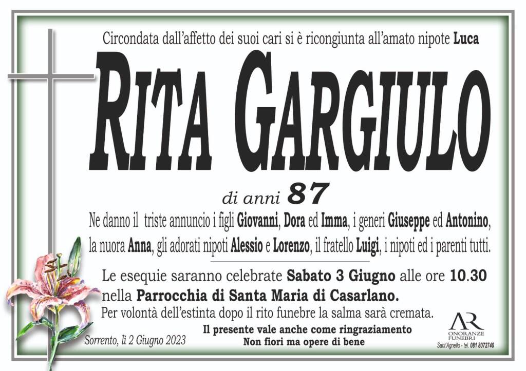 Cordoglio a Sorrento per l’87enne Rita Gargiulo che si ricongiunge all’amato nipote Luca