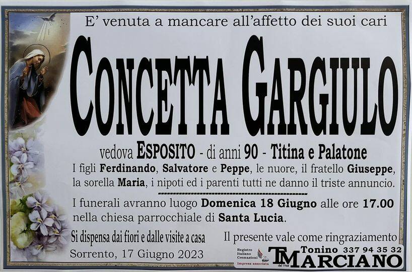Sorrento porge l'estremo saluto a Concetta Gargiulo vedova Esposito (Titina e Palatone)