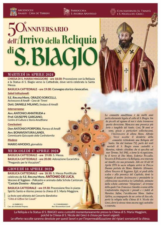Amalfi festeggia i 50 annidall'arrivo della reliquia di San Biagio
