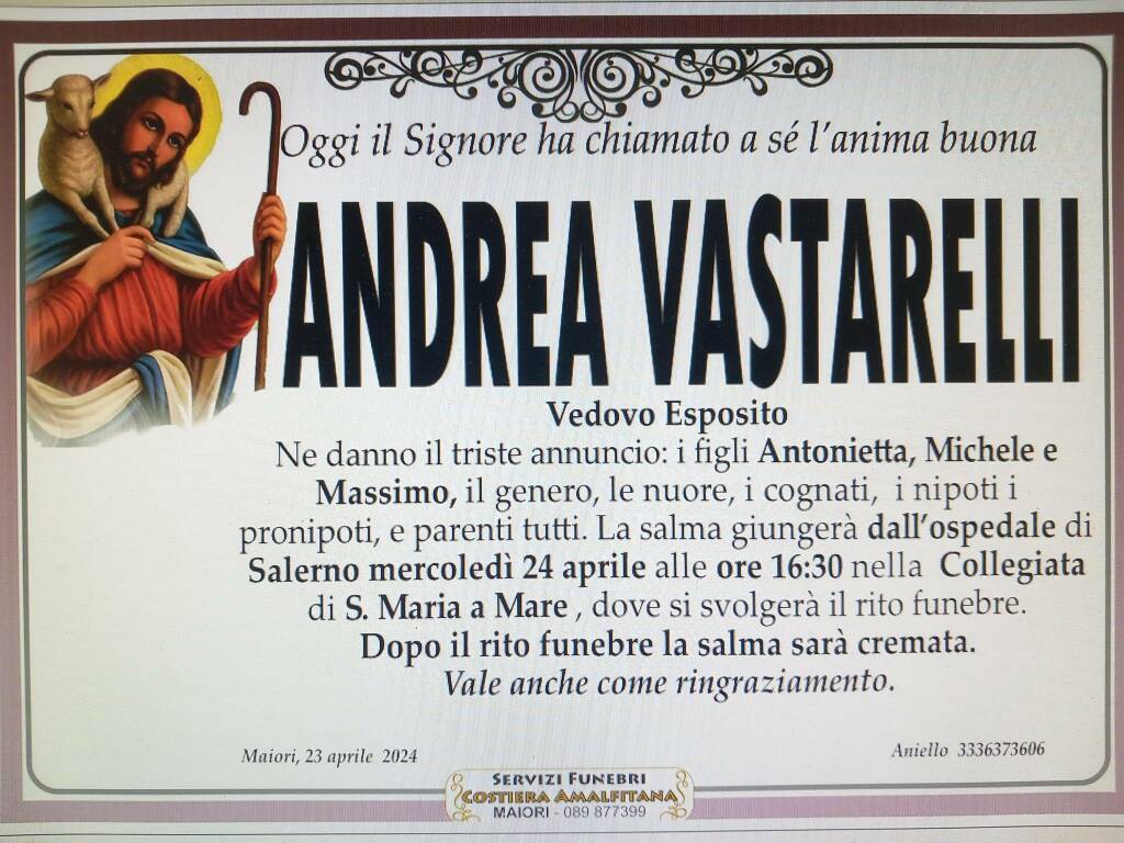 Cordoglio a Maiori per la scomparsa di Andrea Vastarelli, vedovo Esposito
