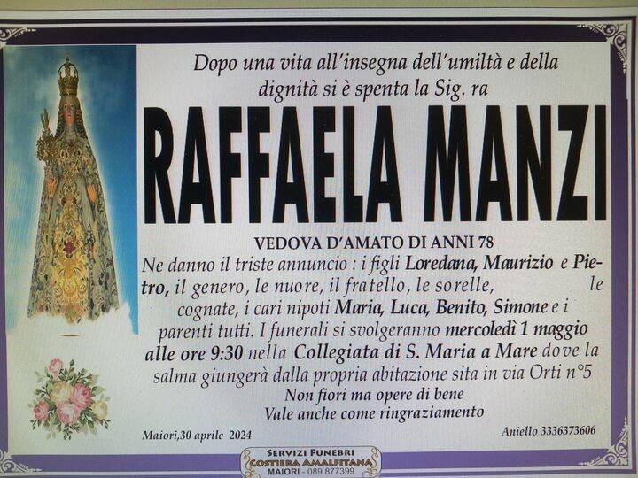 Cordoglio a Maiori per la scomparsa di Raffaela Manzi, vedova D'Amato
